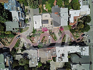 Top view steep hills and sharp curves one-way road Lombard Street, San Francisco